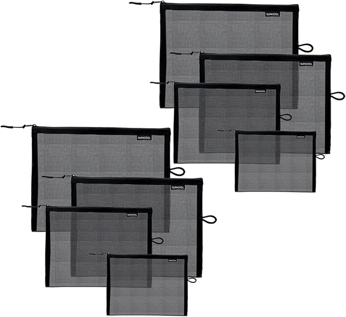 SUPACOOL Set of 8 Travel Mesh Makeup Bag, Cosmetic Organizer Pouches with Zipper, Diaper Organizing Pouches, Nylon Toiletries Bag for Women and Men(8pcs, Black)