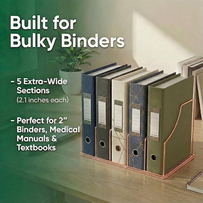 Rose Gold Binder Organizer for Desk, 5 Slot Metal Wire Vertical File Sorter with Mesh Bottom, Desktop Magazine Holder Rack for 2 Inch Binders, Medical Coding Books, Vinyl Records, 12.1"