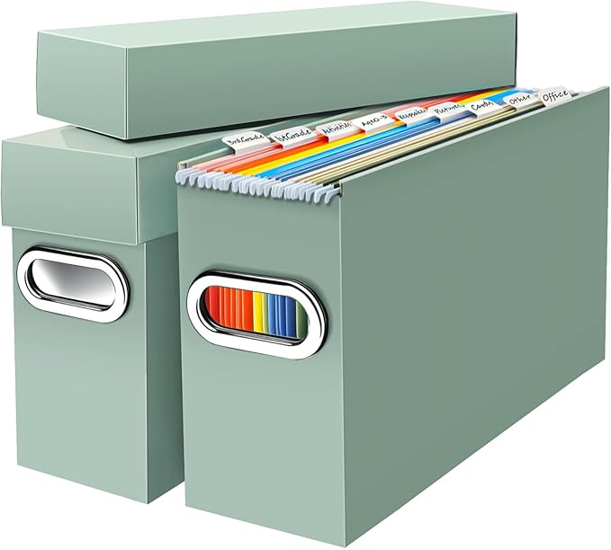 File Organizer Box with Lid & Handle, Thickened Cardboard Hanging File Folder Storage Boxes for Letter Size, Portable Filing Organizer for Office, Home, Classroom, Sage 2 Pack