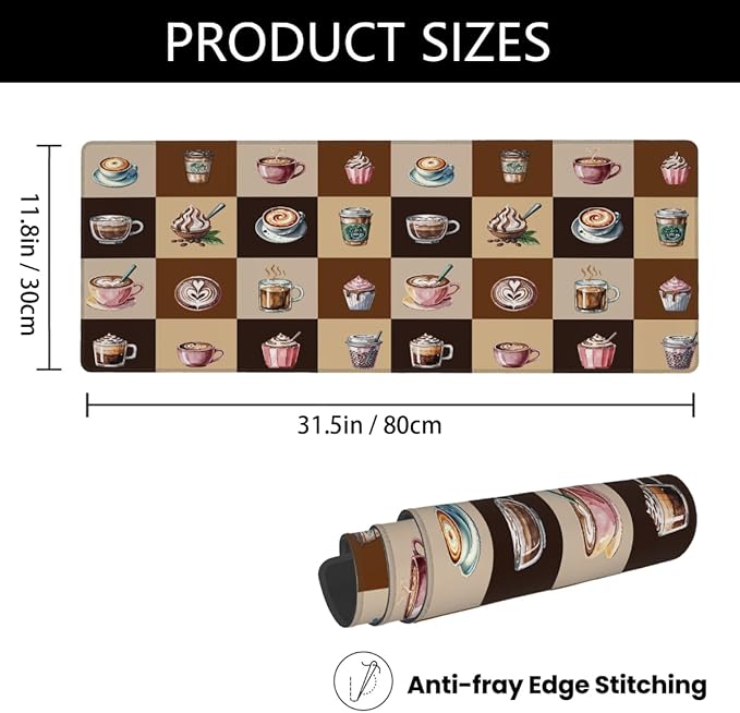 Large Mouse Pad Coffee Theme Brown Non-Slip Rubber Long Gaming Desk Mat Big Computer Keyboard Mousepad Waterproof Protector Wristing Pad for Gaming Office Home Decorative 31.5 X 11.8 Inch