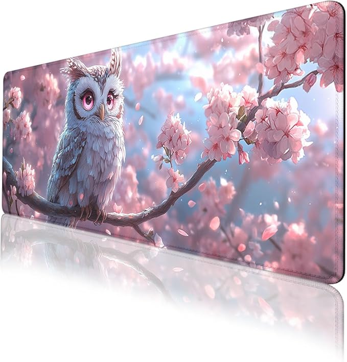Owl Mouse Pad Fantasy Anime Pink Feathers Cherry Blossoms Extended Mousepad Waterproof Stitched Edges Rubber Base Non-Slip Deskmap Computer Keyboard Mat 31.5x11.8 in