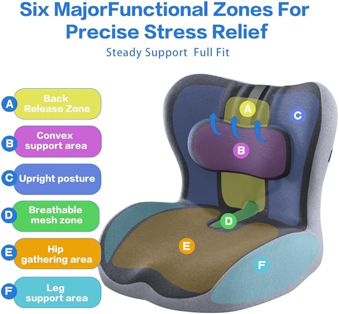 Adjustable Seat Cushion & Lumbar Support Pillow Set for Office Chair, Ergonomic Pillow for Sciatica Pain Relief, Memory Foam Back Support Pillow & Chair Cushion for Car seat, Desk Chair (black,grey)