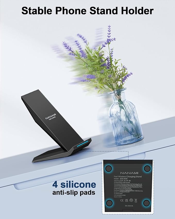 Fast Wireless Charger, NANAMI Wireless Charging Stand Compatible iPhone 17/17 Air/16/15/15 Pro/15 Plus/15 Pro Max/14/13, Nightstand Phone Charger Dock for Samsung Galaxy S26/S26+/S25/S24/S23/S22