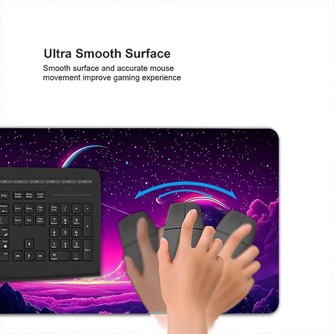 Purple Moon Gaming Mouse Pad Pink Sky Sea Clouds Fog Mountains Extended Gaming Mouse Pad Mat with Stitched Edge Non-Slip Base Big Mouse Pad 31.5"x11.8" Office Computer Keyboard Laptop Home