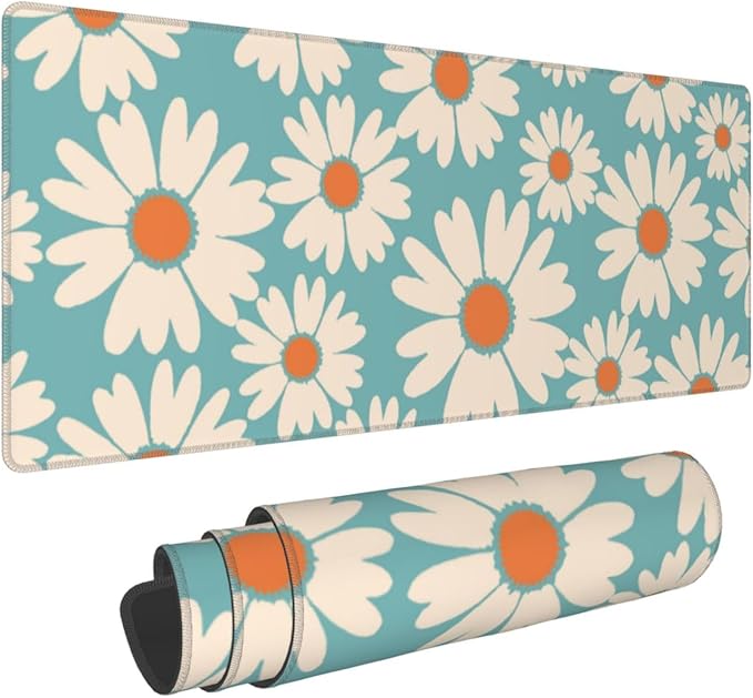 Cute Daisy Flowers Mouse Pad Gaming 31.5x11.8 in Floral Desk Mat Extended Anti-Slip Big Mousepad With Stitched Edges White Daisy Keyboard Pad Mouse Mat Blue for Computer Work Gaming