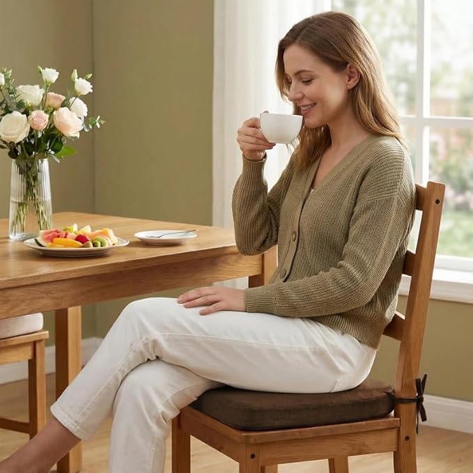 Chair Cushions Set of 1, D-Shaped Seat Cushion for Chair, Non Slip Chair Pads with Ties, 17" x 16" x 2", 40D Foam, Removable Washable Cover, Seat Cushions for Kitchen Chairs, Brown