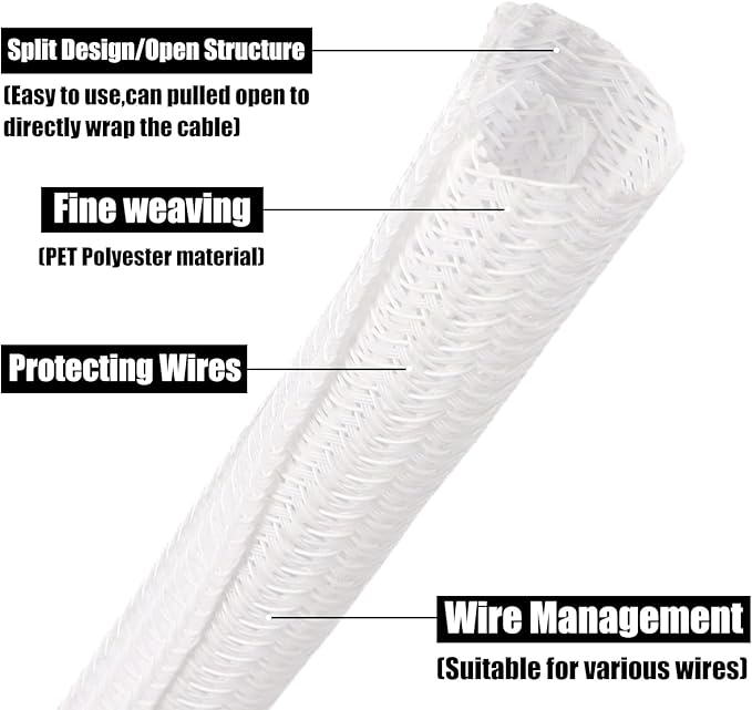 25ft PET Braided Cable Sleeve 1/8 inch(3mm) Wire Protector Cable wrap Wire Covers for Cords Cable Sleeves Cord Management Cable Management Sleeve(White)