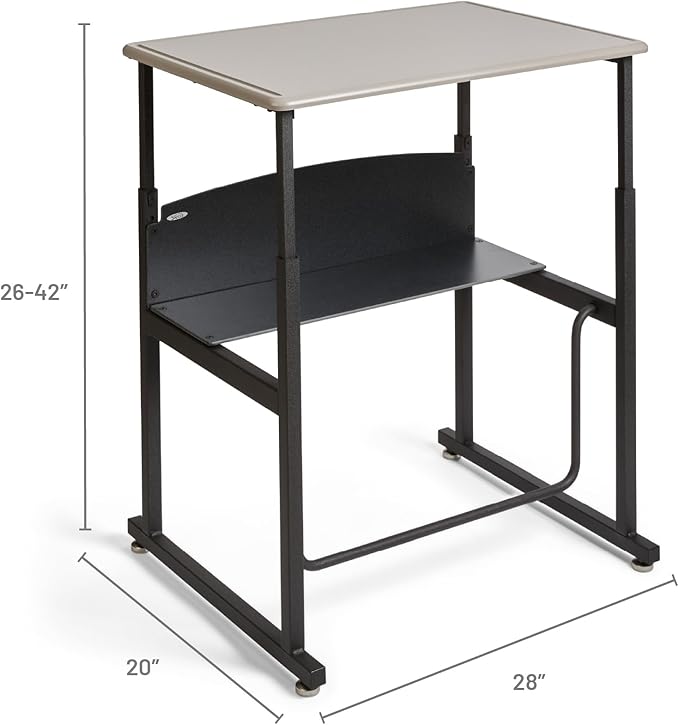 Safco AlphaBetter Student Standing Desk, Adjustable Height with Shelf and Swinging Pendulum Foot Rest, 28" W x 20" D, Gray