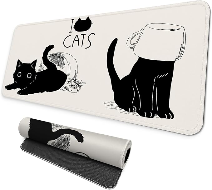MAY FLOWER Gaming Mouse pad, Large Laptop Mousepad, Full Keyboard Mat, Long Computer Mouse Mat for Home and Office, Anti-Slip Rubber Base, 31.5 x 11.8 Inches (Black Cats)