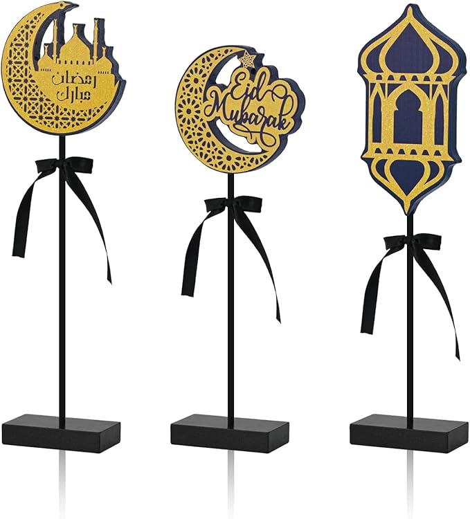 Smile Ramadan Wooden Decorations Eid Mubarak, Islamic Ramadan Tiered Tray Decor for Muslim Party Tabletop Decor Home
