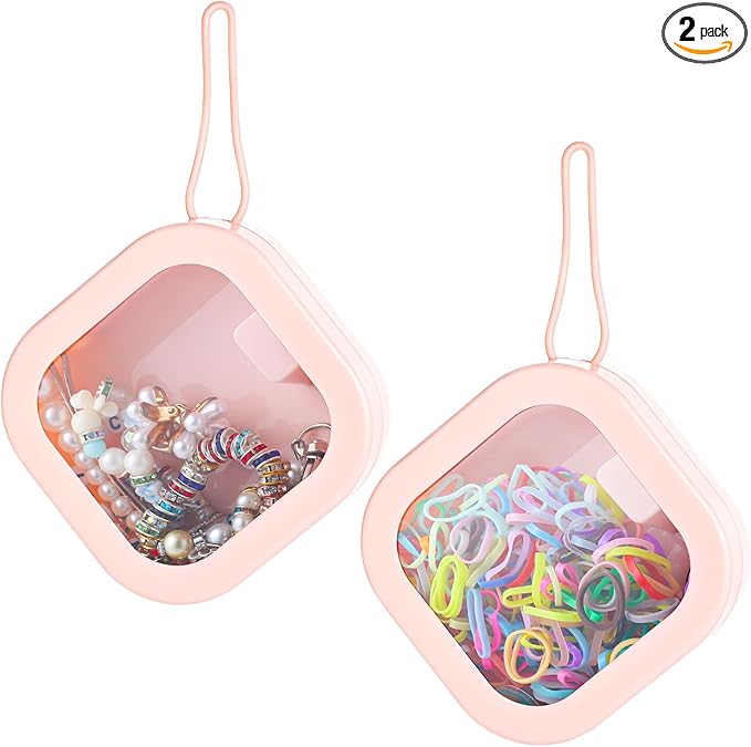 Prudiut 2Pcs Hair Tie Organizer Small Hair Tie Holder Organizer Hair clip Jewelry Organizer for Baby Teen Girl Women, Portable Hanging Small Items Desktop Storage Box(Pink)