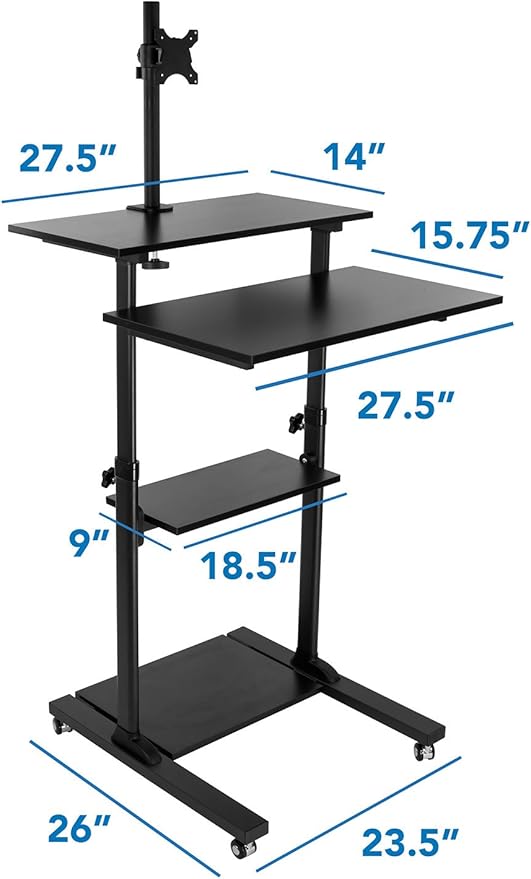 Mount-It! Rolling Adjustable Stand-Up Desk with Monitor Arm - Mobile Computer Workstation & Presentation Cart, in Black Color (MI-7942B)