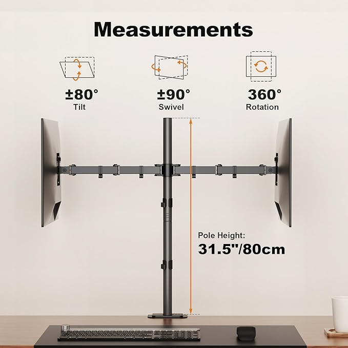 Suptek Dual Monitor Desk Mount, Adjustable Dual Monitor Arm for 2 Computer Screens up to 27 inch, Extra Tall 31.5" Pole Dual Monitor Stand for Desk, Holds up to 22 lbs(MD6842)