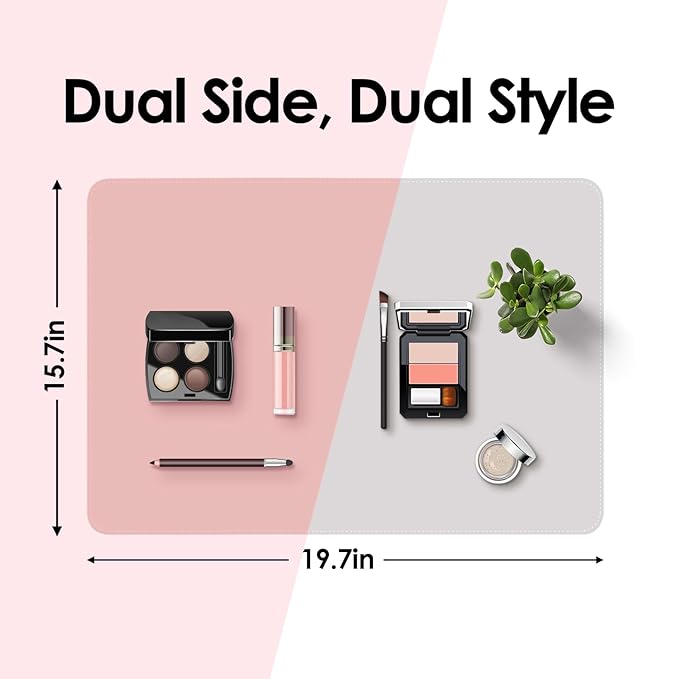 Makeup Mat for Vanity to Protect Desk Top 19.7 x 15.7 in, Dual-Sided Makeup Mat, Easy to Clean Desk Pad - Waterproof and Oilproof Vanity Accessories (Pink and Silver)