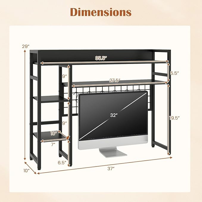 COSTWAY Desktop Bookshelf for Monitors up to 32", 37" x 10" Countertop Organizer with 4 Open Shelves, Grid Panel with 6 Hooks, Anti-Tip Safety Kit, and Adjustable Feet for Home Office (Black)
