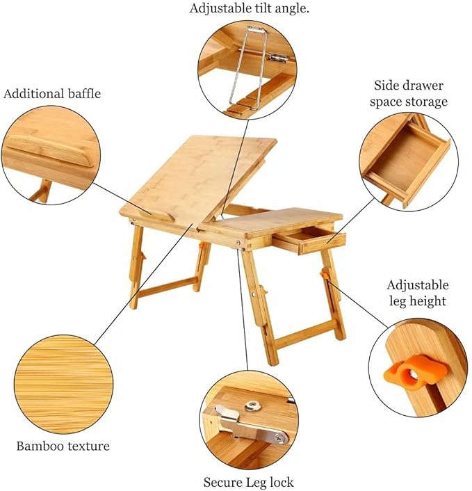 Laptop Desk Nnewvante Bamboo Bed Tray Adjustable Foldable Desk Bed Serving w' Tilting Drawer