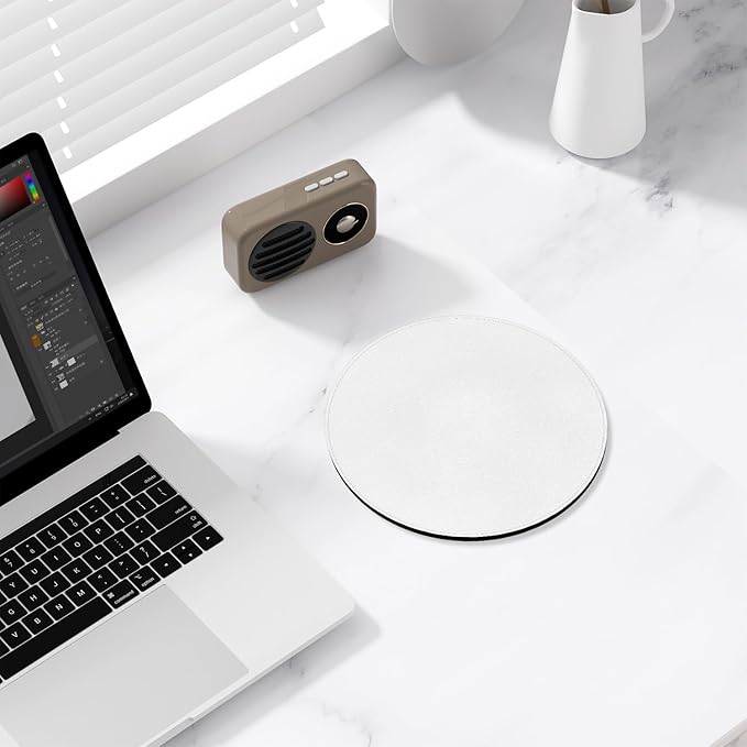 Leather Mouse Pad, Office Mouse Mat Non-Slip Rubber Base Stitched Edge Washable Waterproof Round Mousepad for Office Gaming PC Laptop, Round Diameter 8.7 inches, White