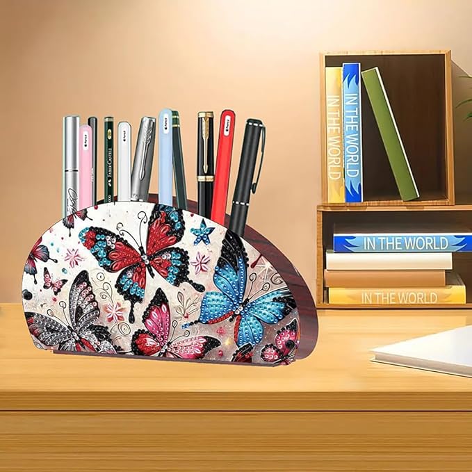 POETRYDRAW DIY Burtterfly Diamond Art Painting Wooden Storage Box – Multi-Grid Moon Fan Makeup Brush Organizer, Double-Sided Drill Tabletop Holder for Women, Office & Home Decoration