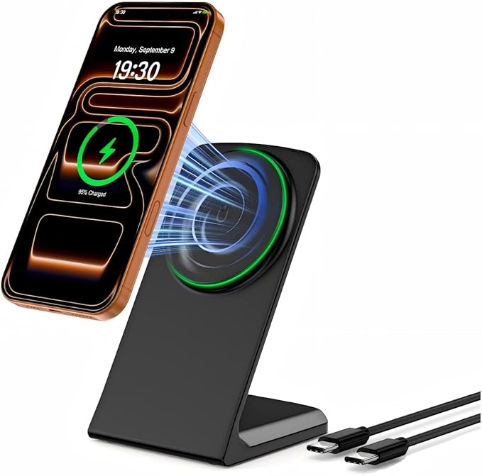 Magnetic Phone Charger Stand, Hands-Free Phone Holder, for iPhone 17-12 Samsung S26/S25 Google Pixel 10, Ideal for Office Desktop Nightstand, Qi-Certified, Matt Black, No Adapter