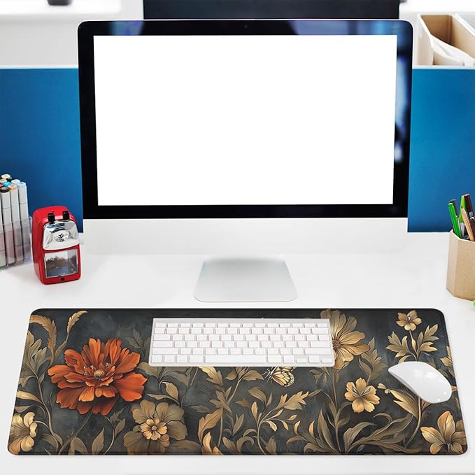 Vintage Floral Gaming Mouse Pad Dark Botanical Art Extended Gaming Mouse Pad Mat with Stitched Edge Non-Slip Base Office Computer Keyboard Laptop 31.5"x11.8"