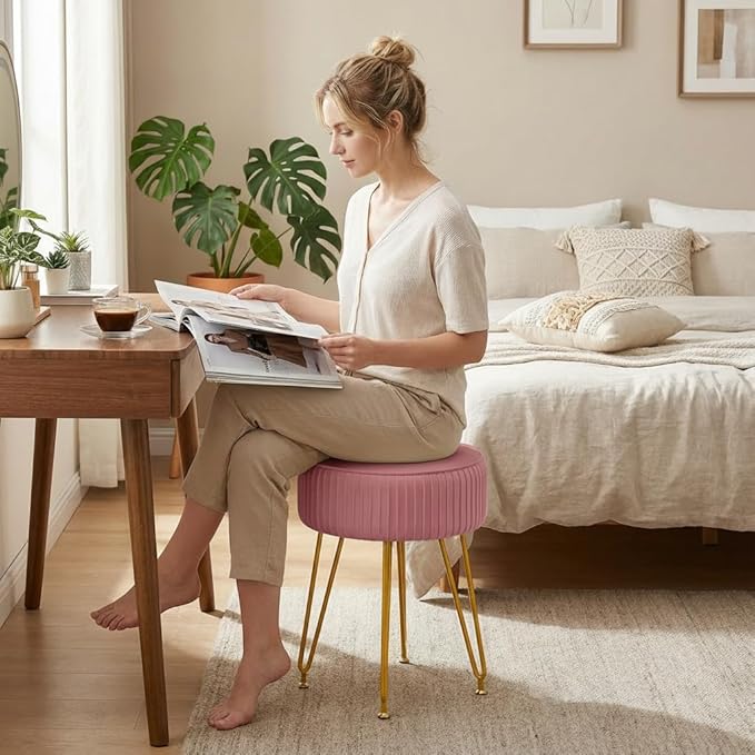 Velvet Vanity Stool, Modern Ottoman Foot Rest Stool with Adjustable Golden Legs, Makeup Chair for Vanity, Multifunctional Small Vanity Chair for Bedroom, Pink