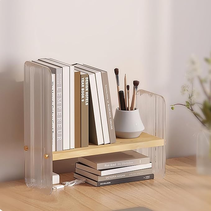 BYCY Double H Display Bookshelf Desktop Organizer Office Storage Rack Expandable Wood Display Shelf with Acrylic Side Board Free Style Display Storage Rack Stackable for Home Office (Natural)