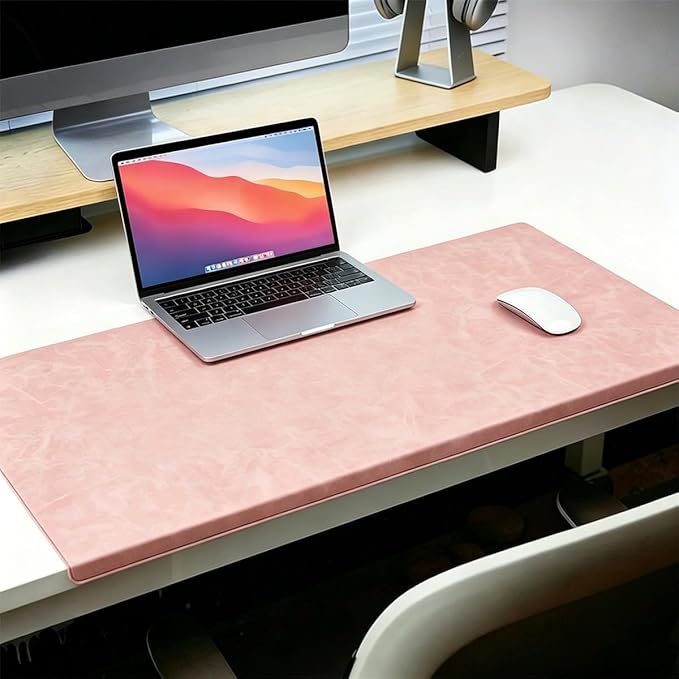 Leather Edge-Locked Desk Pad with Edge Protector, Non-Slip Large Office Computer Mouse Mat, Waterproof Desk Blotter Table Protective Pad for Writing Work (Pink,35.4"x16.9")