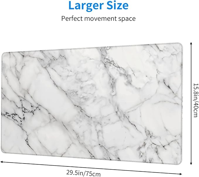 White Marble Large Mouse Pad & Desk Mat Extended Mousepad with Stitched Edges Non-Slip Rubber Base Laptop Computer Keyboard Pad for Gaming, Office & Home Decor, XXL - 29.5" X 15.8"