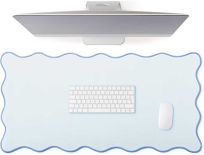 Hahafelt Scalloped Desk Mat Large Desk Pad Cute Coquette Table Mat Aesthetic Preppy Table Make up Pad Nonslip 2026 Graduation Gift with Stitching Waterproof Gaming(Blue,31.5 x 15.8 Inches)