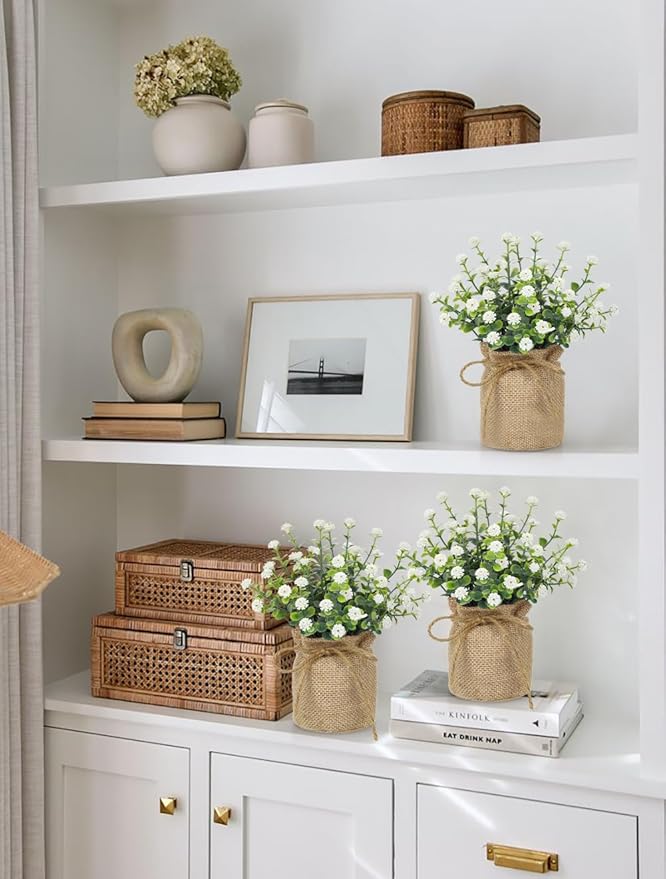 Artificial Mini Potted Flowers Set of 3, Faux Baby’s Breath Plant with Burlap Pot, Small Fake Greenery Desk Decor for Home Office Shelf Table Centerpiece, Rustic Farmhouse Wedding Spring Decorations