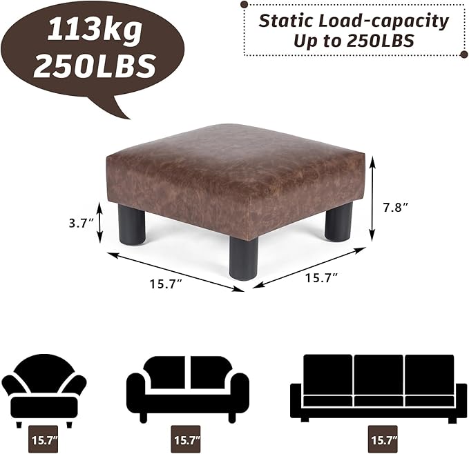 Joveco Small Footstool Ottoman Upholstered PU Leather Square Footrest Ottomans Small Foot Rest for Desk Couch Living Room Bedroom Office (Brown)