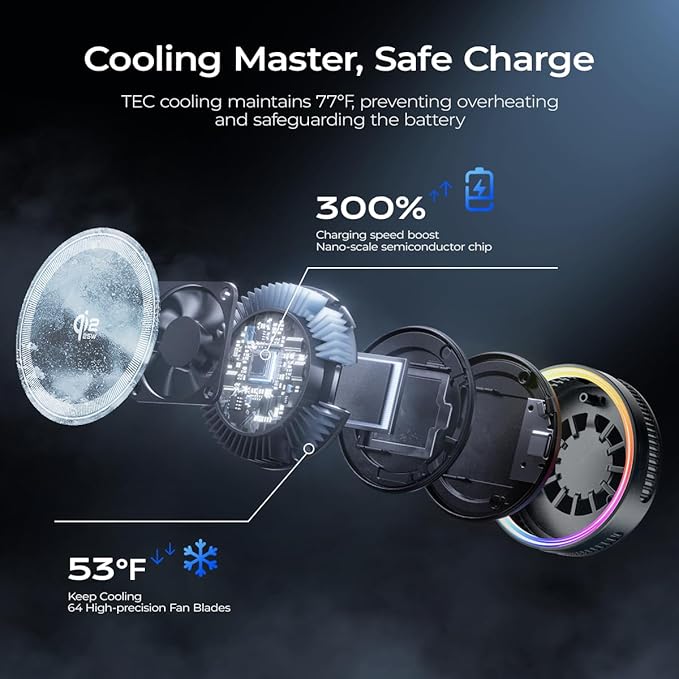 Qi2.2 Wireless Charger【25W Fast Charging+Cooling Fan】 Magnetic Charger Pad with 2 Modes,LED Light Phone Holder Fast Charging Compatible with iphone17/16/15/14/13/12 Series