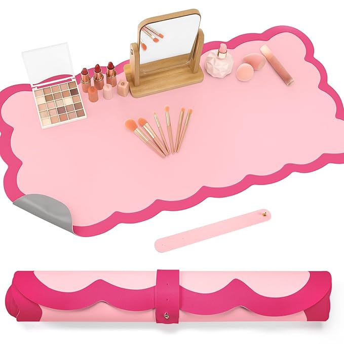 Teenyyou Makeup Mat for Vanity Protect Scalloped Makeup Mat 31.5 x 15.8'' Vanity Cover Top 2026 Graduation Gifts Dual-sided Dressing Table Pad Waterproof Mouse Pads for Dormitory Desktop(Pink)