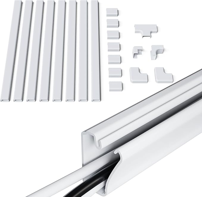 ECHOGEAR Cord Cover for Wires On Wall - Peel & Stick Cable Hider Channel with 10 feet of Plastic Raceway Plus Connector Pack - Ideal for Wall Mounted TVs - White
