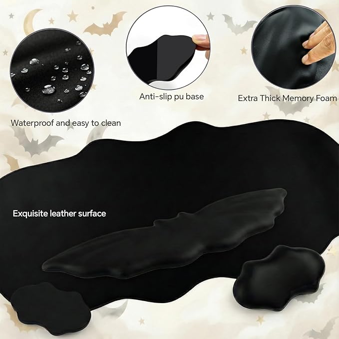 Bat Mouse Pad, PU Leather Mousepad, 3 in 1 Keyboard Wrist Rest and Mouse Wrist Rest, Ergonomic Bat Wrist Rest Waterproof Leather Surface, Easy Typing Cushion with Memory Foam for Home Office