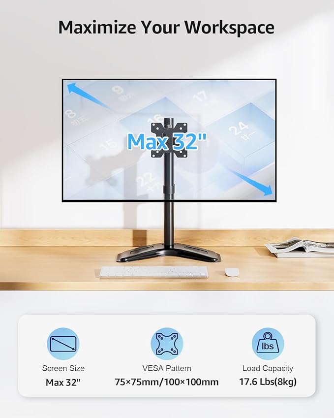 MOUNTUP Single Monitor Stands, Freestanding VESA Monitor Desk Mount fits 13'' to 32'' Computer Screen with Height Adjustable, Swivel, Tilt, Rotation, 17.6 lbs Load, For Home Office, VESA 75x75/100x100