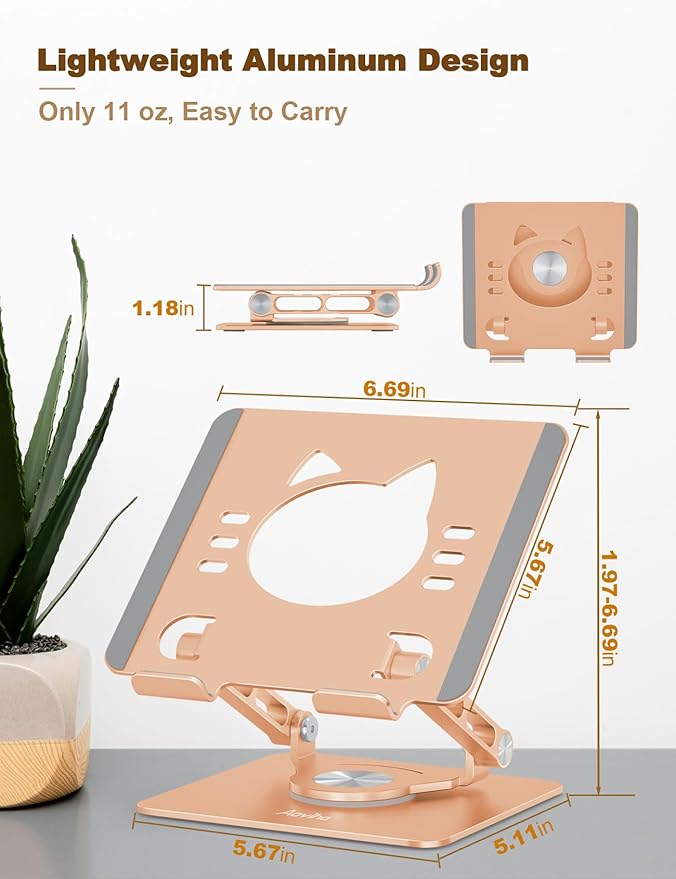Aoviho Tablet Stand 360° Rotating Aluminum Holder, Adjustable, Portable and Foldable Monitors Stand for iPads, Compatible with 4-12.9" Tablets, Golden