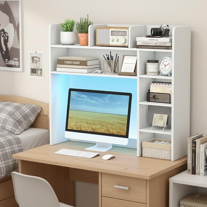 Tangkula Desktop Bookshelf with LED Lights, Desk Hutch with 8 Shelves for Max 25" Monitor, Desktop 5-Tier Display Rack, Multipurpose Wood Desktop Storage Hutch Organizer for Dorm Office Home (White)