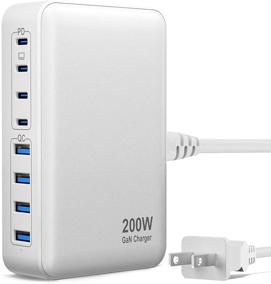 200W USB C Charger USB C Charger Block,Upgraded GaN III 8-Port Fast Charging Station Hub,PD 65W Laptop Charging Adapter Compatible with MacBook Pro/Air,DELL,Steam Deck,iPhone 16/15/14,Galaxy S23/22