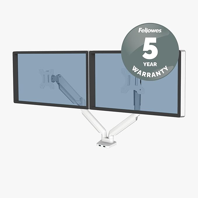 Fellowes Platinum Series Dual Monitor Arm for 40-Inch Monitors, Full Motion, 360° Rotation, VESA Mount with Grommet or Clamp, USB Ports, Ergonomic, White, 8056301