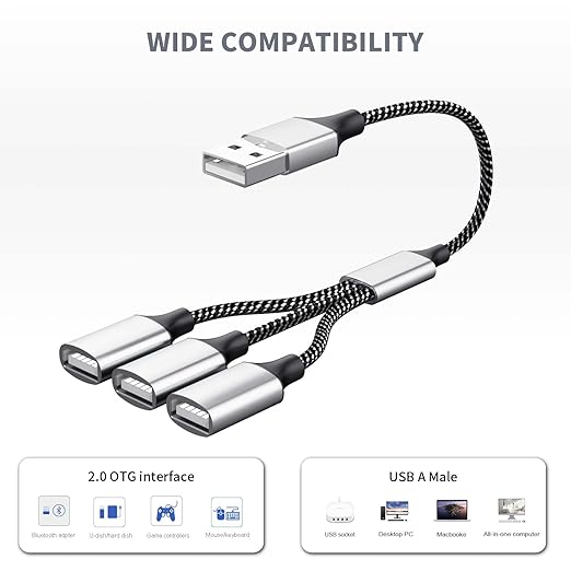 Fidioto USB Splitter Y Cable,USB 1 Male to 3 Female Extension Cord Connector,Dual Double USBA Port Extender Hub,Data&Charger Power Split Adapter for Mac,Laptop,PC,Xbox One Series X/S,PS4,PS5