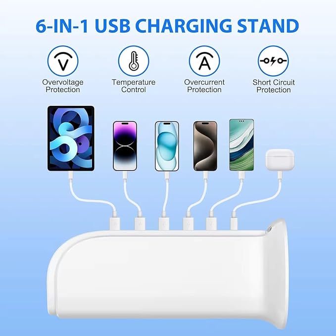 USB Charging Station for Multiple Devices, 40W Multiport Charger Tower, Type C Port Supports PD Quick Charge Compatible with iPhone, Smartphones, Tablets and Other Devices (White)