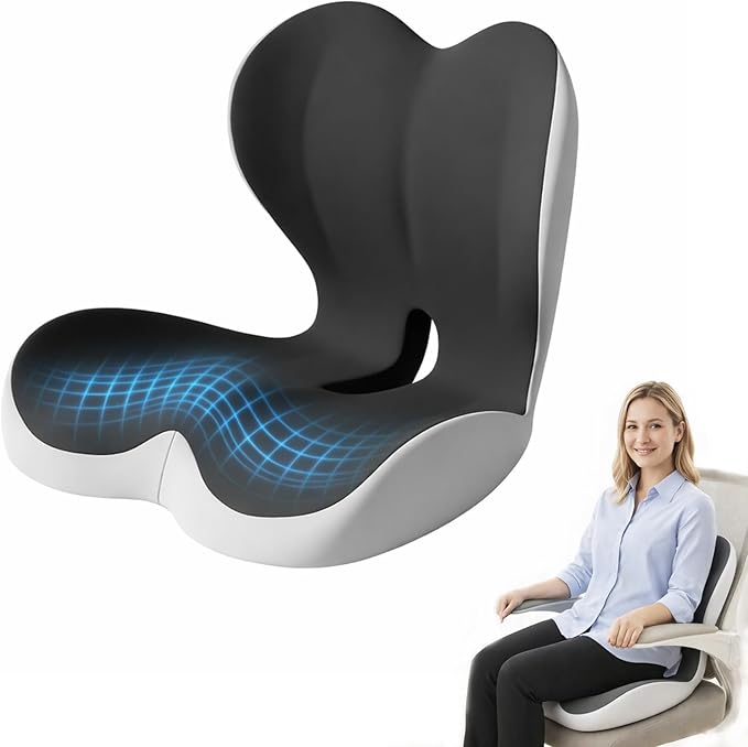 Ergonomic Seat Cushion Set with Lumbar Support Pillow, High-Density Memory Foam Cushion with Non-Slip Base, Posture Support Cushion for Office Chair, Home Chair, Car Seat (Dark Gray + Light Gray)