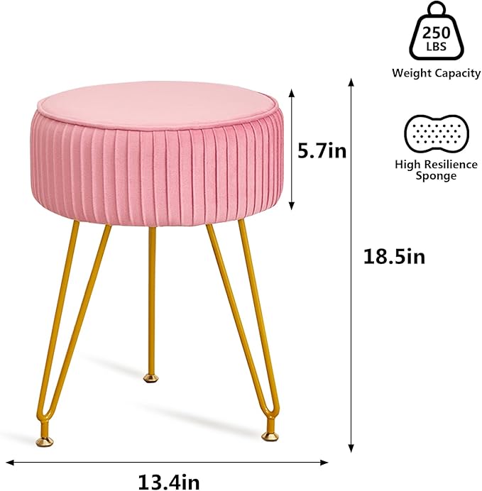 Velvet Vanity Stool, Modern Ottoman Foot Rest Stool with Adjustable Golden Legs, Makeup Chair for Vanity, Multifunctional Small Vanity Chair for Bedroom, Pink