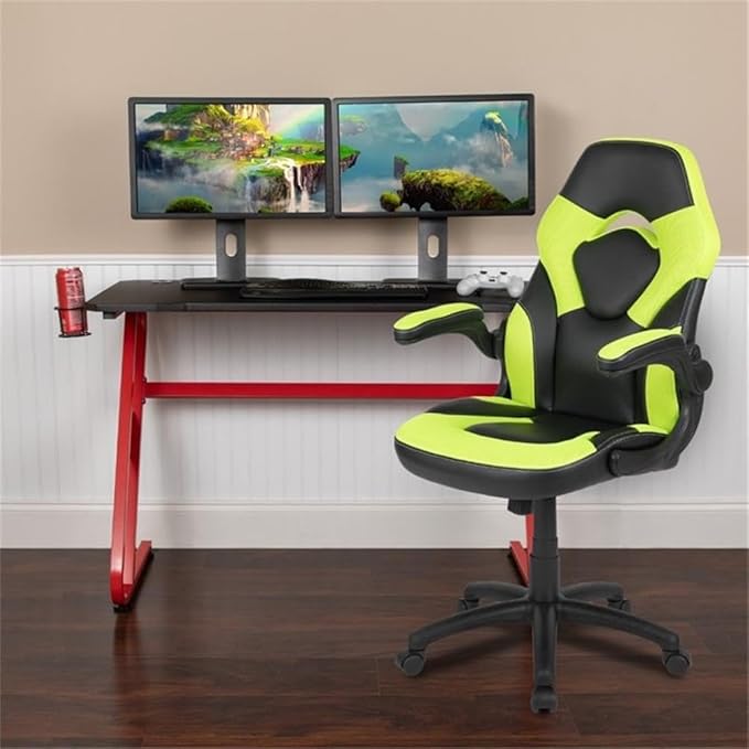BOWERY HILL 2 Piece Gaming Desk Set, Z-Frame Red and Green Finish, Black Laminate Top, Includes Ergonomic High Back Chair with LeatherSoft Upholstery, Cable Management, Cup Holder, Dual Monitor