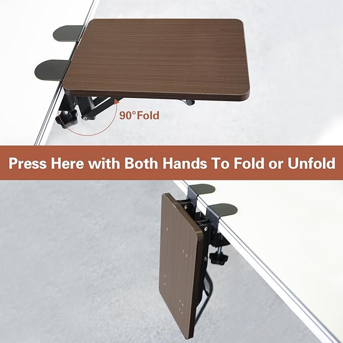 Ergonomic Desk Extender Tray, 9.8" x 6.9" Computer Elbow Arm Rest for Desk, 90° Foldable Table Mount Mouse Support, Clamp On Keyboard Tray for Office and Home Use, Walnut