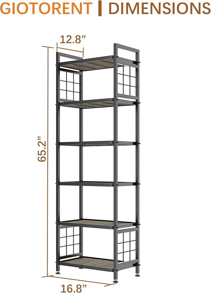 GIOTORENT 6-Tier Pantry Shelves with Wooden Boards, Heavy Duty Storage Shelves & Book Shelf, Adjustable Metal Shelving Unit for Kitchen Bathroom Laundry Organizer, Sturdy Rust-Resistant, Black