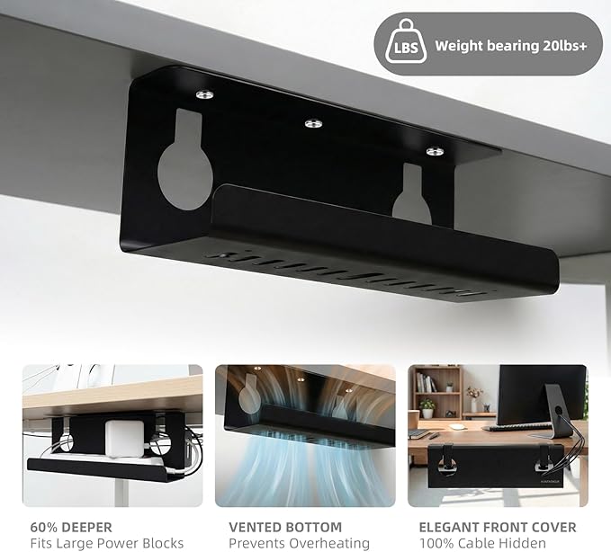 No Drill Under Desk Cable Management Tray with Clamp, Home/Office Desk Cord Organizer and Accessories Storage Shelf, 17'' Metal Cable Organizer for Standing/Gaming Desk, Office Supplies, Black 1 Set