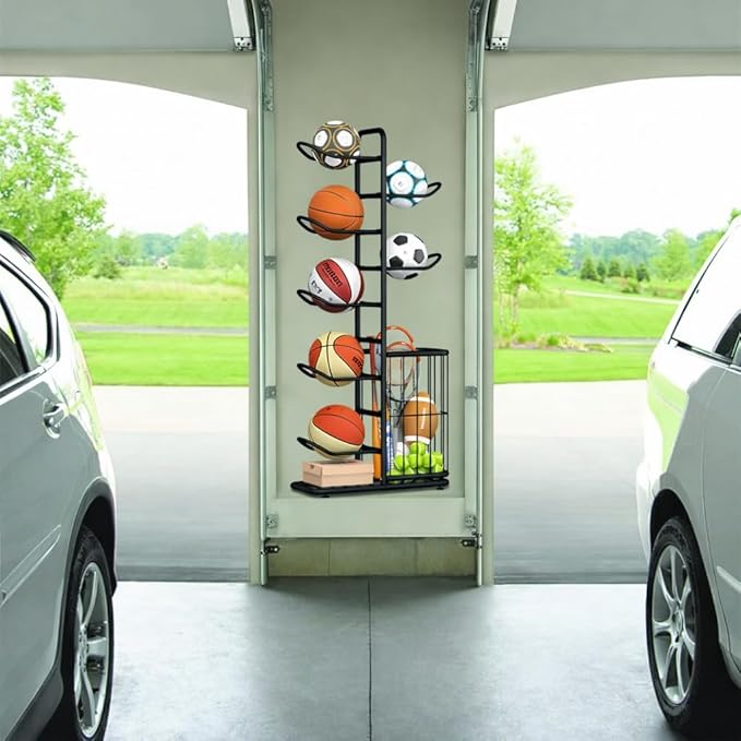 7-Ball Sports Equipment Storage Rack with Ball Holder and Basketball Rack, Athletic Gear Organizer ball Stand - Organize Toys, Sports Gear and More, 57.5" (Black)