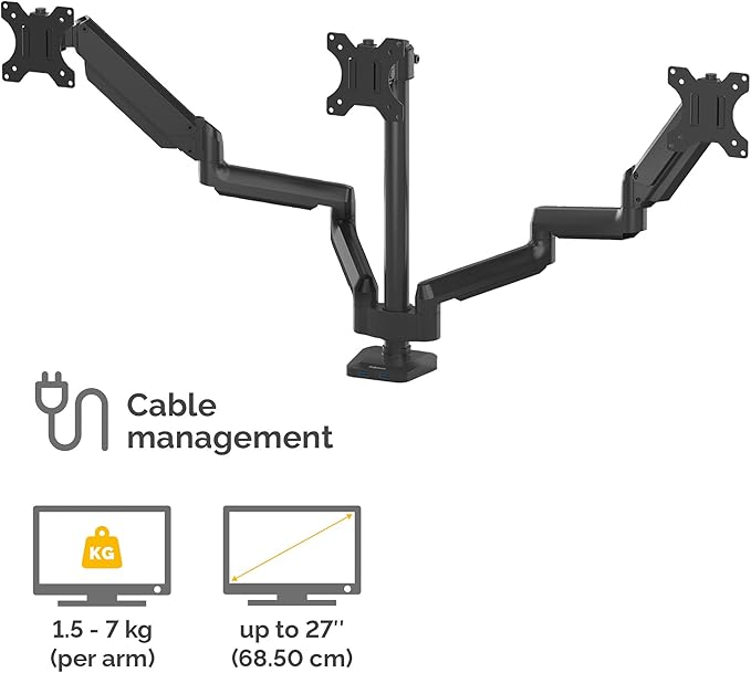 Fellowes Platinum Series Triple Monitor Arm for 27-Inch Monitors, Full Motion, 360° Rotation, VESA Mount with Grommet or Clamp, USB Ports, Ergonomic, Black, 8042601